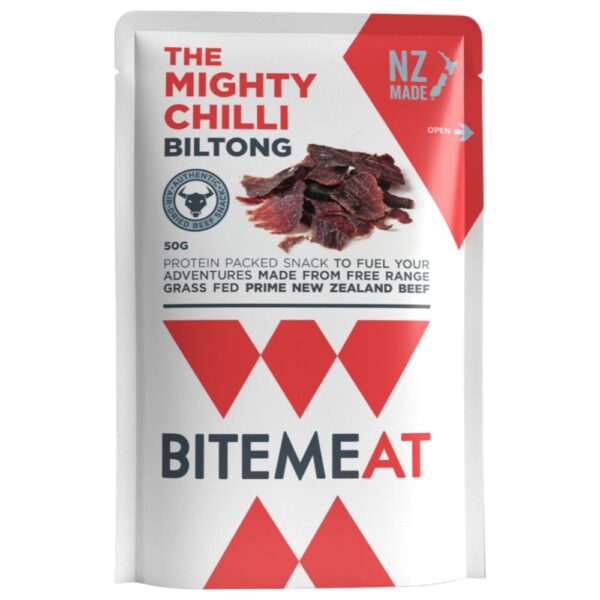 Packaged 50g biltong snack labelled 'The Mighty Chilli Biltong' from BiteMeAt.