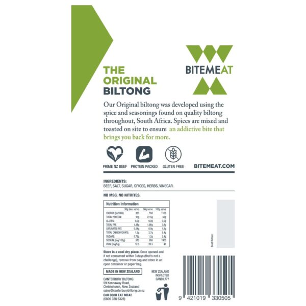 Back packaging of Canterbury Biltong BiteMeat 50g Original with nutritional information and ingredients.