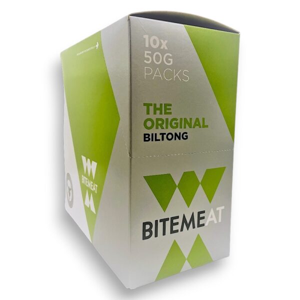 Carton packaging for Bitemeat Original Biltong containing 10 packs of 50g each.