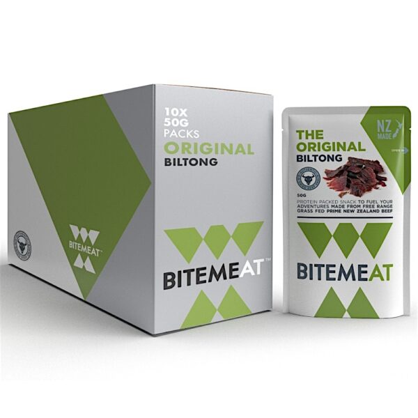 Carton of Bitemeat Original Biltong containing ten 50g packs of dried meat.