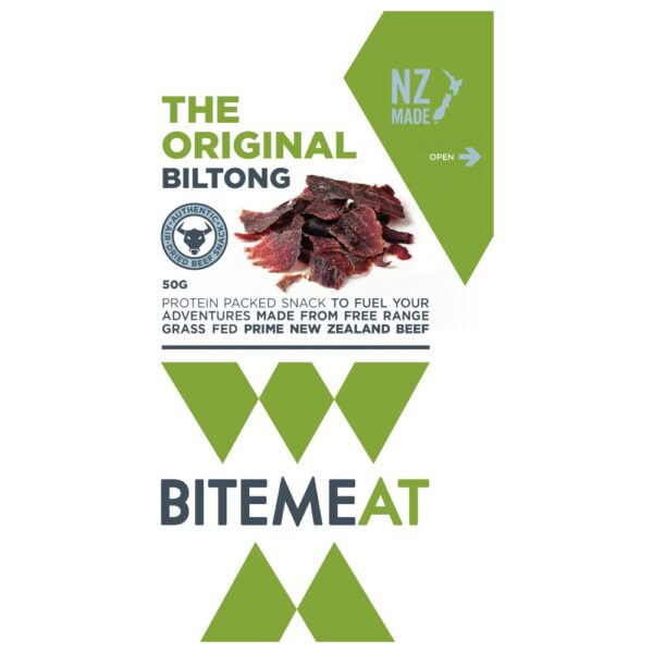 Packaged original biltong snack made from grass-fed New Zealand beef, 50g size.
