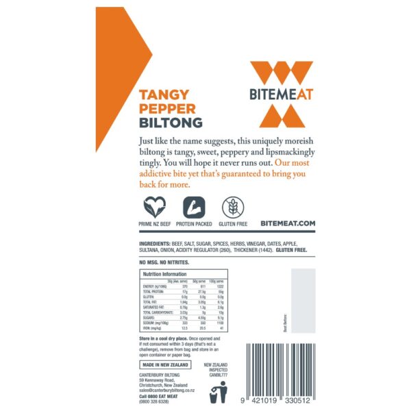 Packaging of Tangy Pepper Biltong by Bitemeat, featuring nutritional information and ingredients.