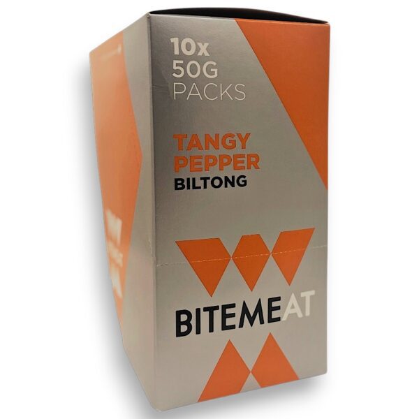 Box of Tangy Pepper Biltong containing 10 packs of 50g each from BiteMeat.