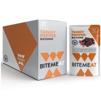 Carton of BiteMeat Tangy Pepper Biltong with individual 50g pack displayed.