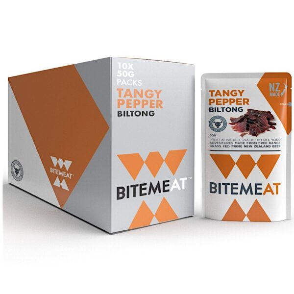 Carton of BiteMeat Tangy Pepper Biltong with individual 50g pack displayed.