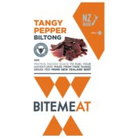 50g pack of tangy pepper biltong made from New Zealand beef with a clear label.