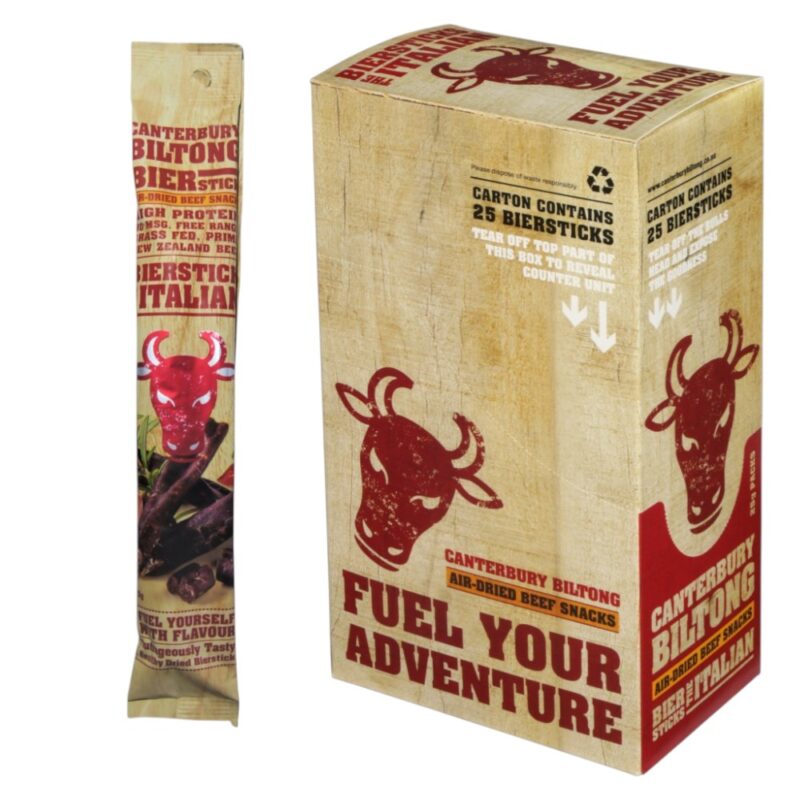 Carton and 25g pack of Canterbury Biltong Italian Biersticks containing 25 individual sticks.