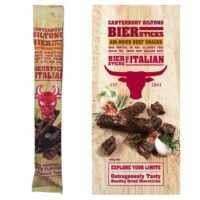 Packaging of Canterbury Biltong Italian Biersticks featuring a bull logo and product details.