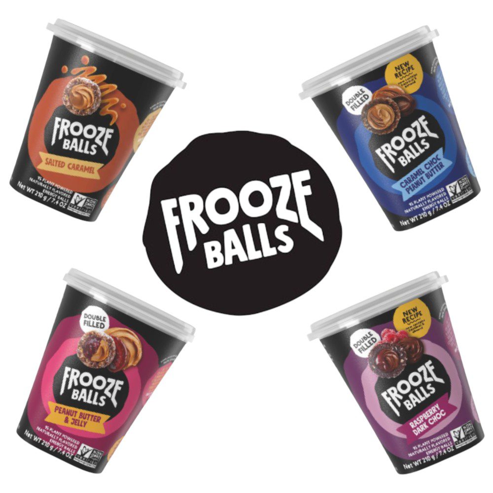 Four tubs of Frooze Balls in different flavours: Salted Caramel, Peanut Butter, Choc Mint, and Berry Choc.