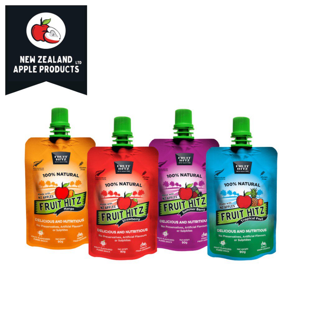 Four pouches of Fruit Hitz in various flavours, featuring a logo for New Zealand Apple Products.