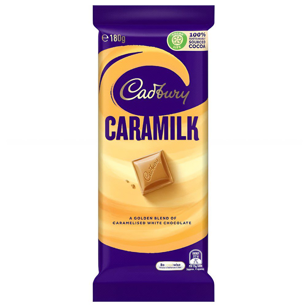 Cadbury Caramilk chocolate bar packaging featuring a golden blend of caramelised white chocolate.