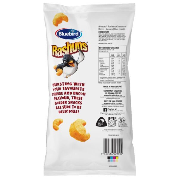 Back of a 150g packet of Bluebird Rashuns cheese and bacon snacks with nutritional information.