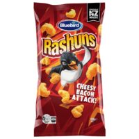 Packet of Bluebird Rashuns cheese bacon snack featuring a penguin graphic on the front.
