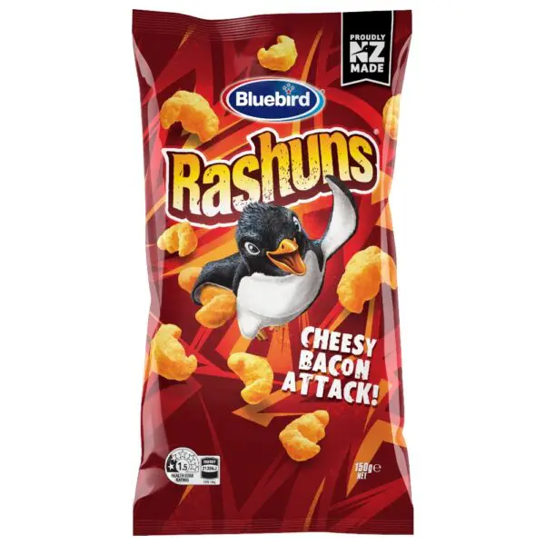Packet of Bluebird Rashuns cheese bacon snack featuring a penguin graphic on the front.