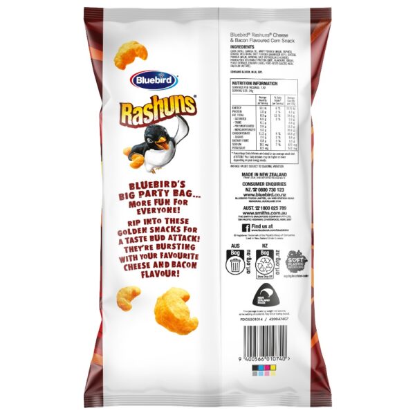 Back of a Bluebird Rashuns Cheese and Bacon snack bag displaying nutritional information and branding.