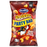Bluebird Rashuns party bag featuring cheese bacon-flavoured snacks with a penguin graphic.