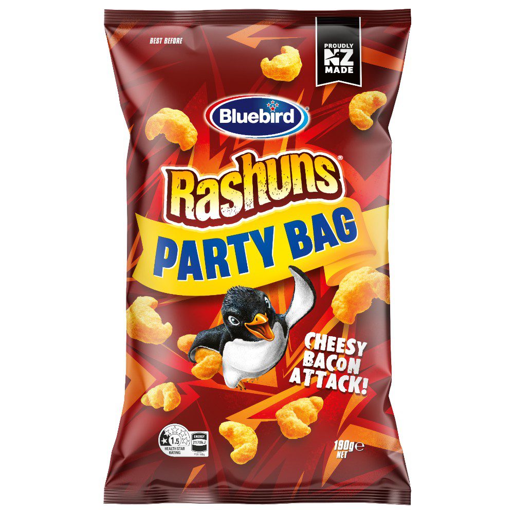 Bluebird Rashuns party bag featuring cheese bacon-flavoured snacks with a penguin graphic.