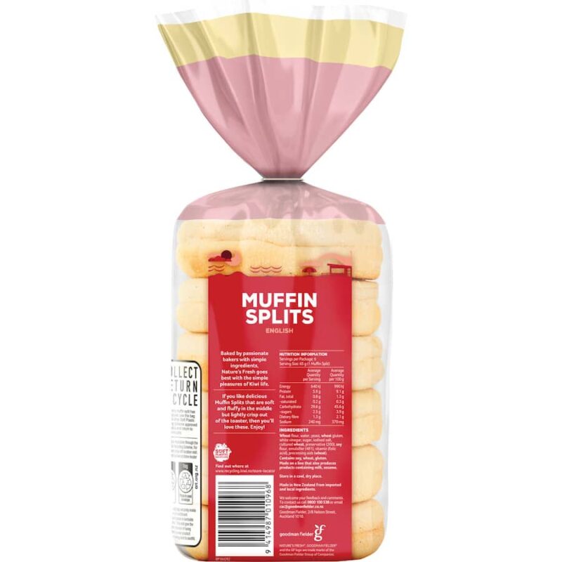 Natures Fresh English Muffins Splits 6pk 390g Back