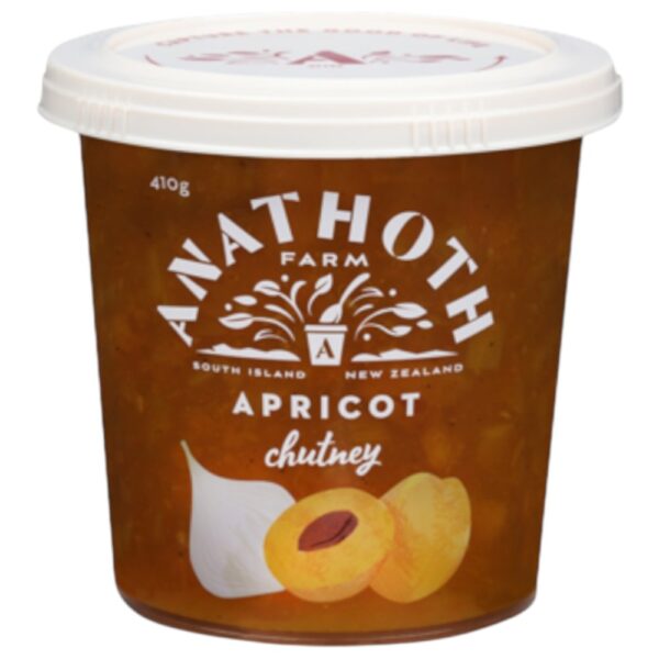 Tub of Anathoth Farm apricot chutney with a lid, featuring apricot pieces on the label.