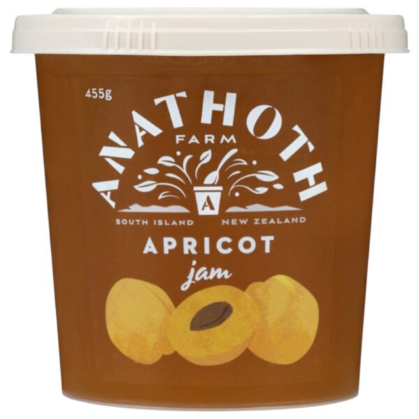 Tub of Anathoth Farm apricot jam with a label featuring apricot illustrations.