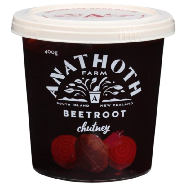 Pot of Anathoth Farm beetroot chutney with a lid, featuring a label with branding and product details.