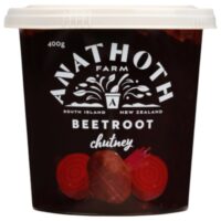 Pot of Anathoth Farm beetroot chutney weighing 400 grams with a dark label and beetroot graphics.