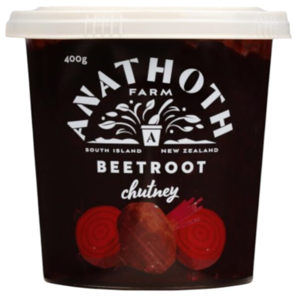 Pot of Anathoth Farm beetroot chutney weighing 400 grams with a dark label and beetroot graphics.