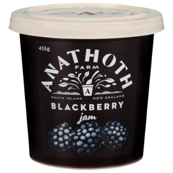 Container of Anathoth Farm blackberry jam weighing 455 grams with a black label and white text.