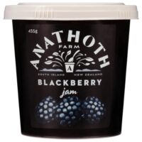 Tub of Anathoth Farm blackberry jam weighing 455 grams with a black label.
