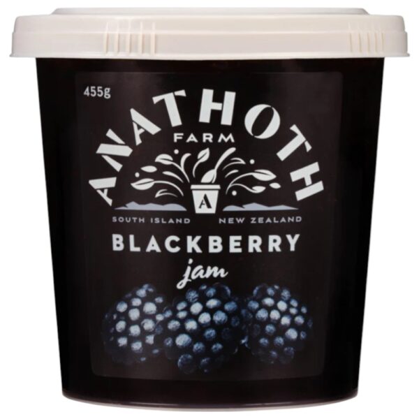 Tub of Anathoth Farm blackberry jam weighing 455 grams with a black label.