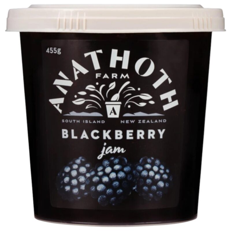 Tub of Anathoth Farm blackberry jam weighing 455 grams with a black label.