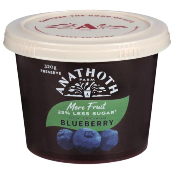 Tub of Anathoth Farm blueberry preserve with 25% less sugar, weighing 320g.