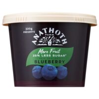 Tub of Anathoth Farm blueberry preserve with 25% less sugar, weighing 320g.