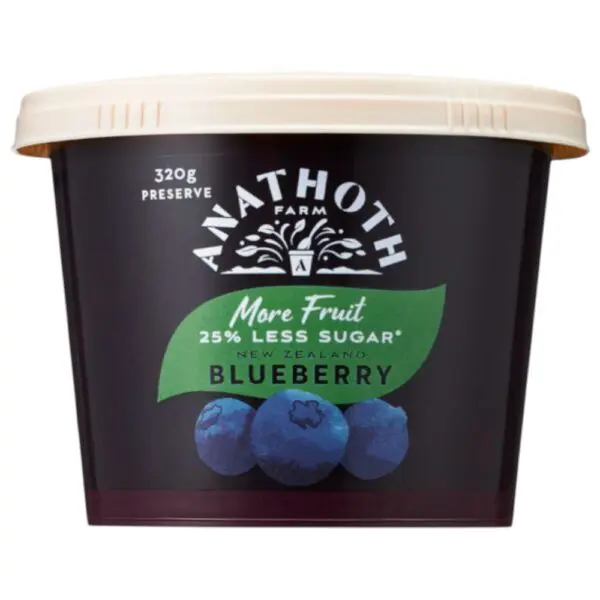 Tub of Anathoth Farm blueberry preserve with 25% less sugar, weighing 320g.