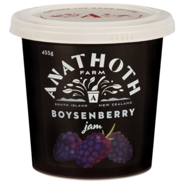 Tub of Anathoth Farm boysenberry jam weighing 455 grams with a black label.