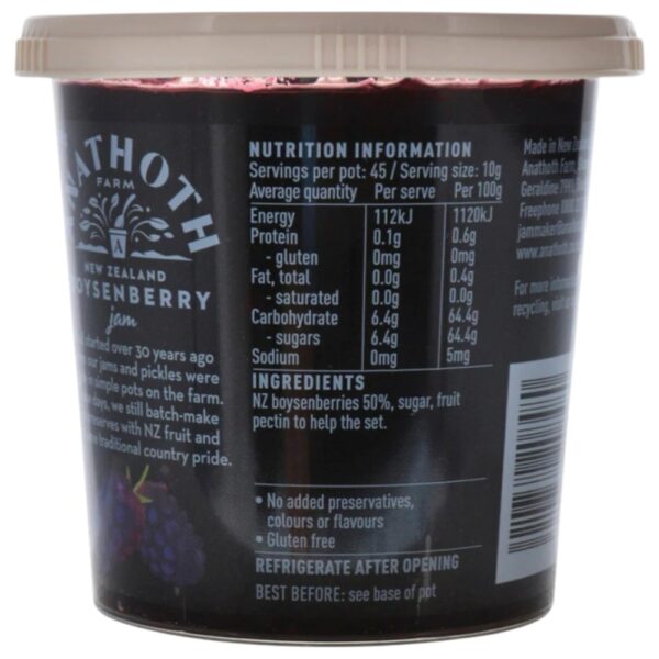 Tub of Anathoth Farm boysenberry jam showing ingredients and nutrition facts.