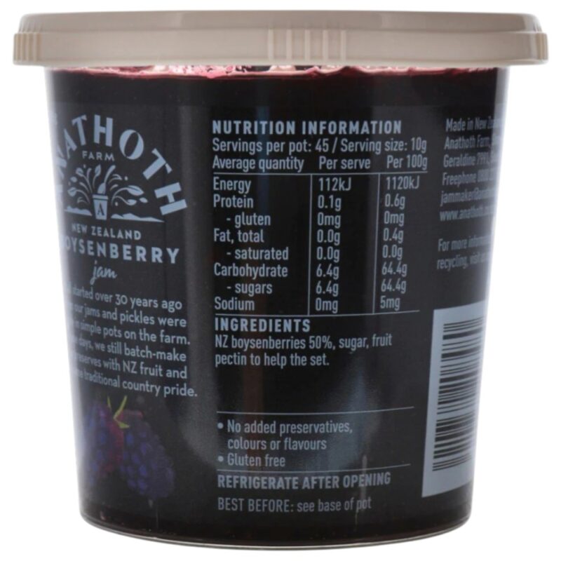 Tub of Anathoth Farm boysenberry jam showing ingredients and nutrition facts.