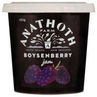 Tub of Anathoth Farm boysenberry jam with a black label and purple fruit illustration.