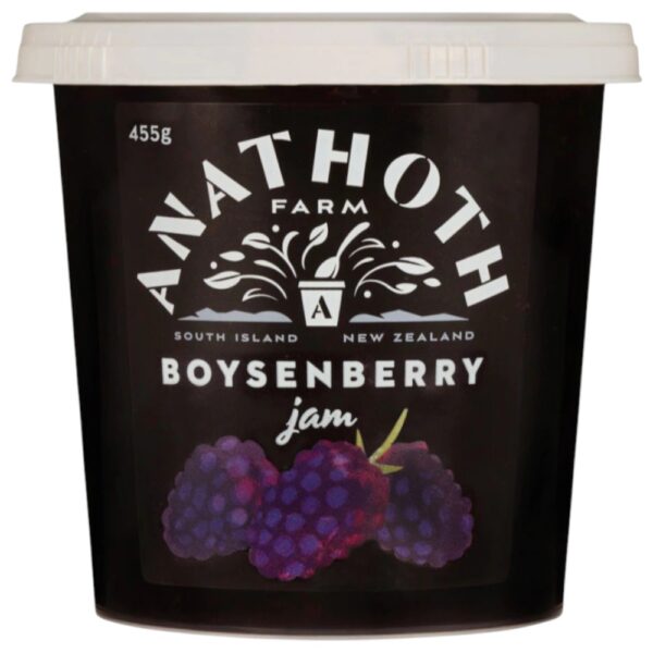 Tub of Anathoth Farm boysenberry jam with a black label and purple fruit illustration.