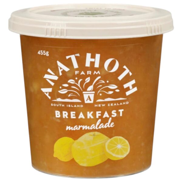 Tub of Anathoth Farm Breakfast Marmalade weighing 455 grams with a lemon design.