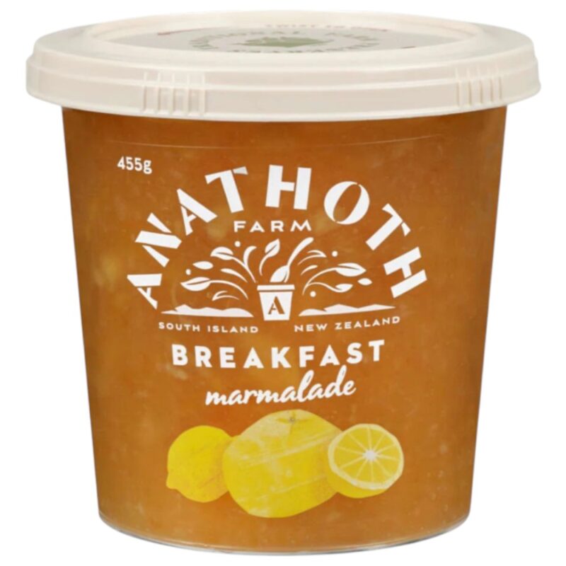 Tub of Anathoth Farm Breakfast Marmalade weighing 455 grams with a lemon design.