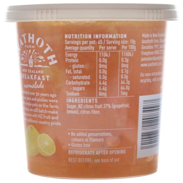 Pot of Anathoth Farm breakfast marmalade showing ingredients and nutritional information.