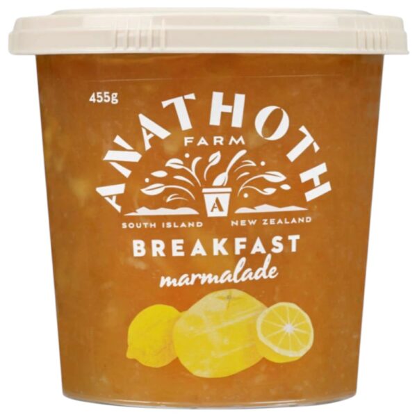 Tub of Anathoth Farm Breakfast Marmalade weighing 455 grams with a lemon design.
