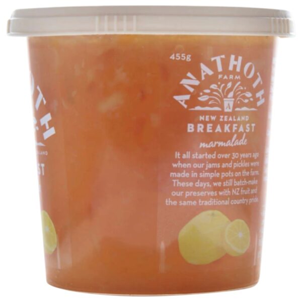 Pot of Anathoth Farm Breakfast Marmalade weighing 455 grams with a clear label.