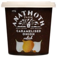 Pot of Anathoth Farm caramelised onion relish with a dark label and white lid.