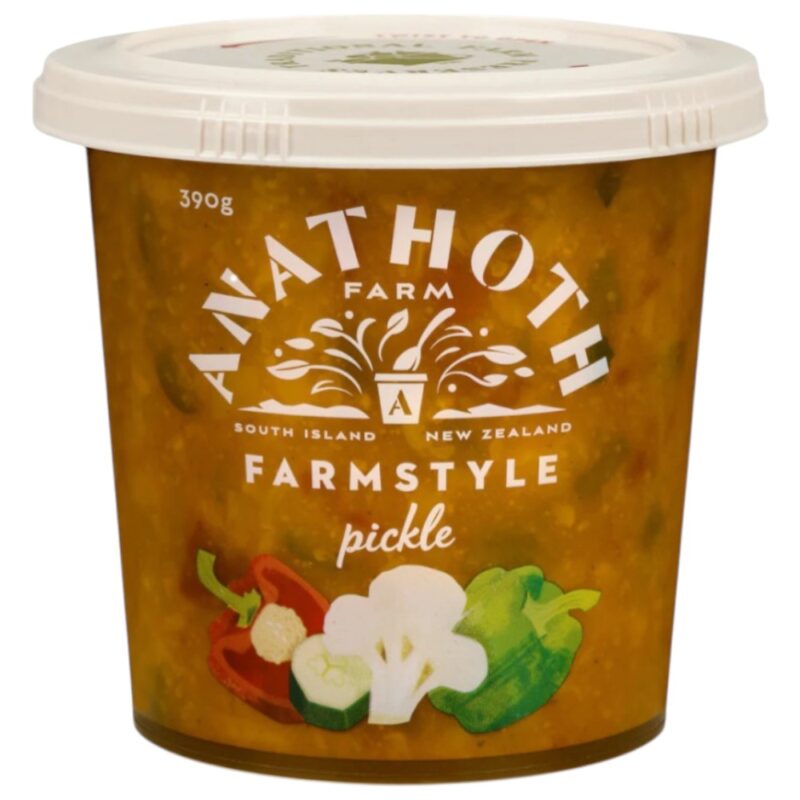 Tub of Anathoth Farm Farmstyle Pickle with a colourful label featuring various vegetables.