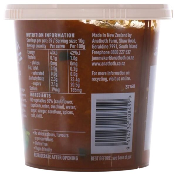Ingredients and nutritional information on the back of Anathoth Farm Farmstyle Pickle tub.