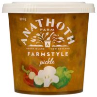 Tub of Anathoth Farm Farmstyle Pickle featuring mixed vegetables on the label.