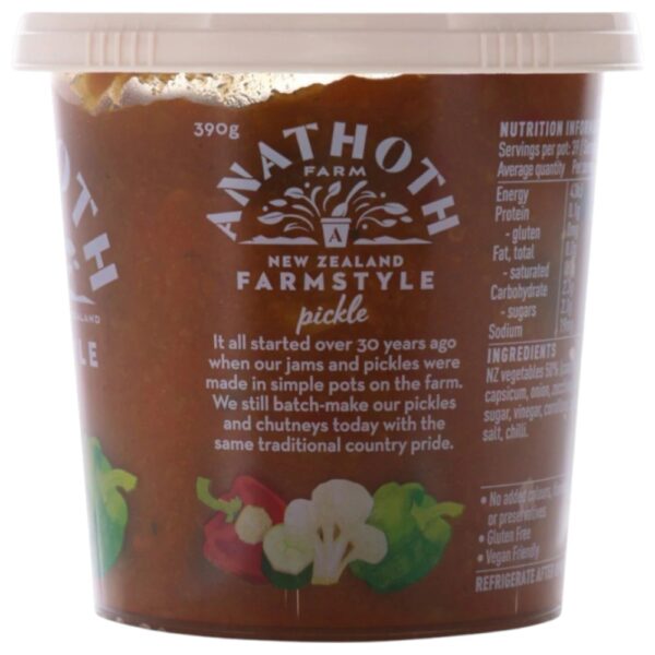 Tub of Anathoth Farm Farmstyle Pickle, 390g, with ingredients listed on the label.