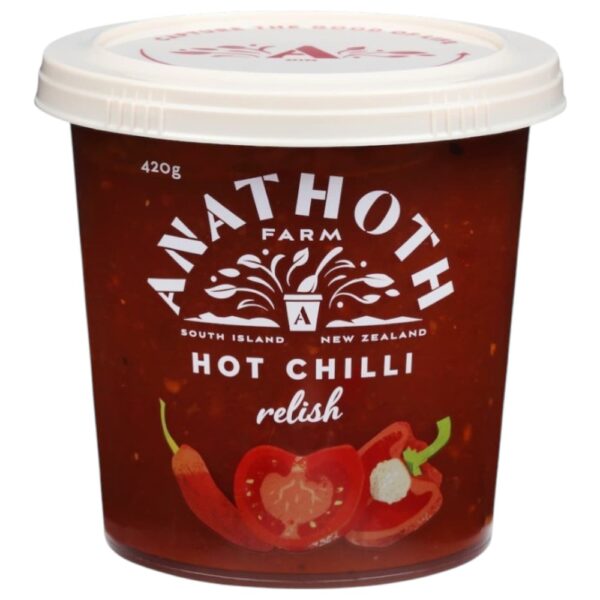 Tub of Anathoth Farm hot chilli relish with a red label and lid, featuring images of chillies.